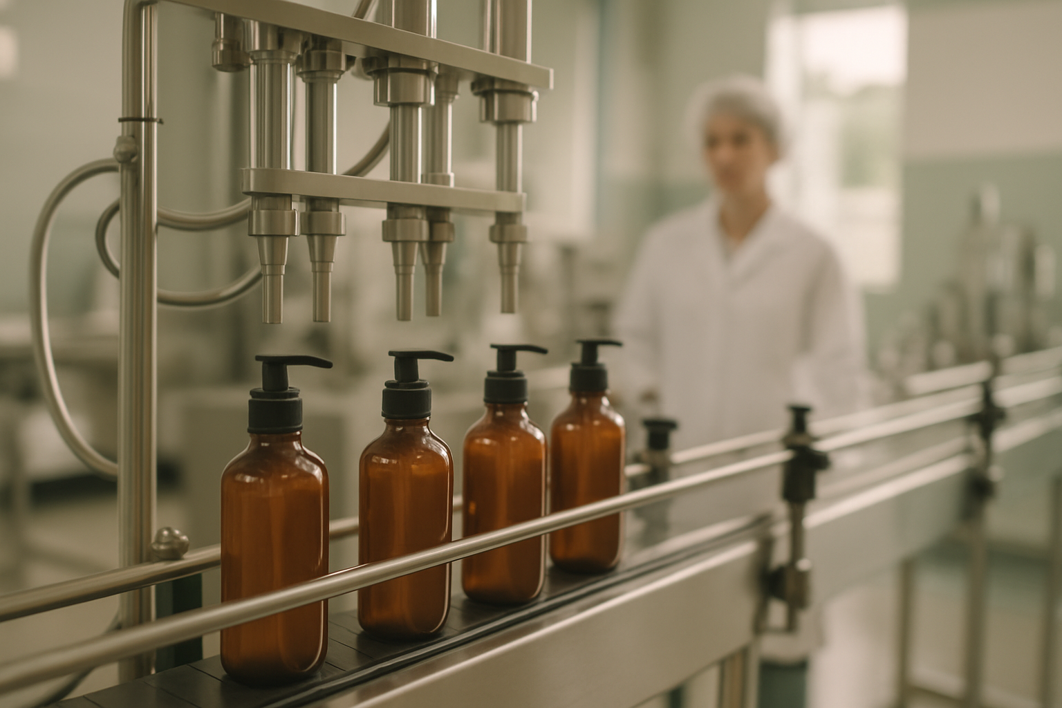 Cosmetic-grade liquid filling line at the Aimo group facility